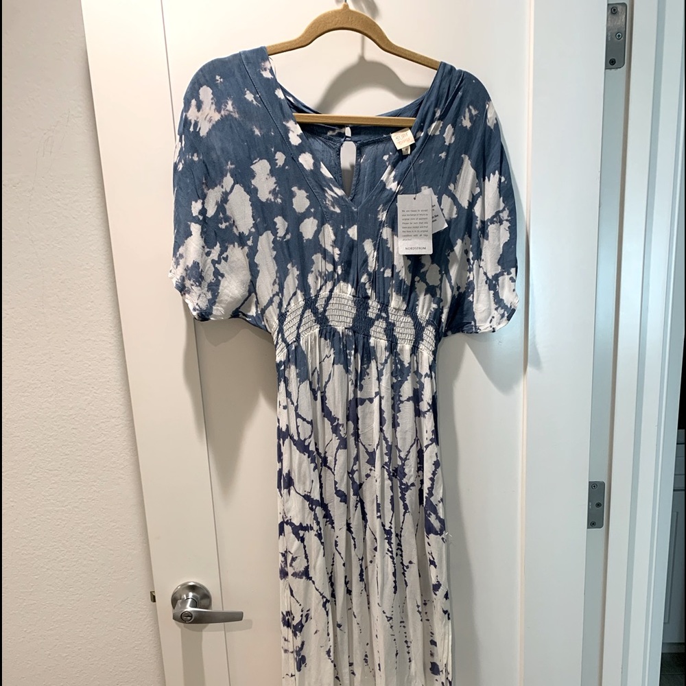Surf Gypsy long maxi blue and white tie-dye swim cover-up dress.